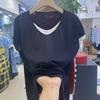 Loose and Slimming Contrasting Color Fake Two-piece Thin Ice Silk Short-sleeved T-shirt for Women To Cover Belly Plus Size Top