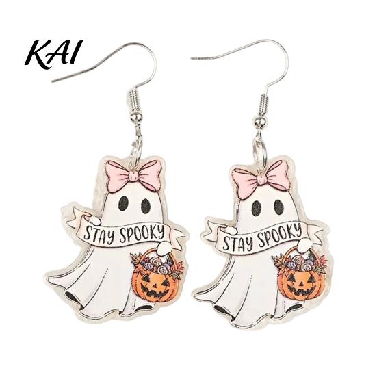 Pink Bow Pumpkin Drop Earrings 1 Pair Acrylic Ghost for Women, Halloween Cute Dangle Hypoallergenic Sensitive Ears with Bucket And Party Costume