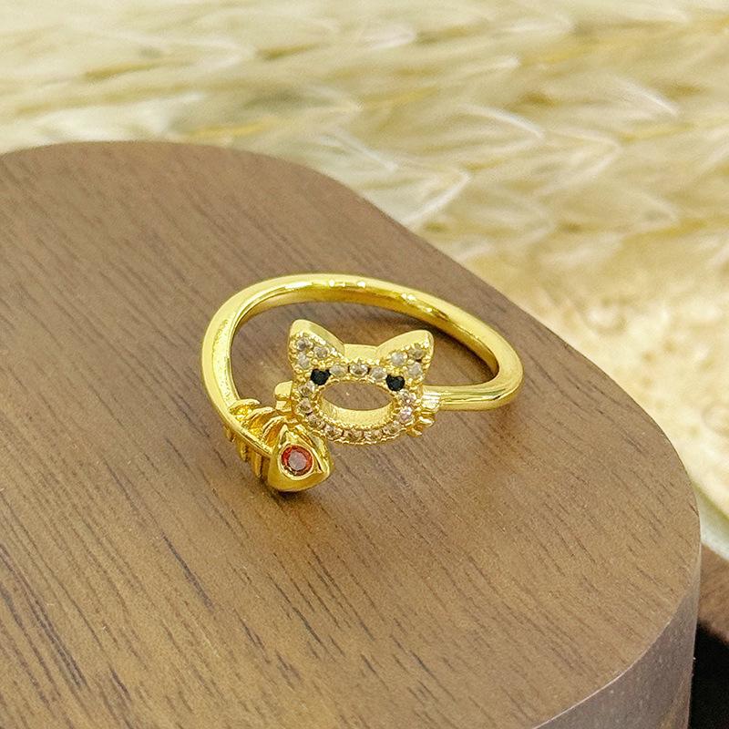 Cute Kitten Bamboo Joint Full Diamond Zircon Cat Open Ring Fashionable Female Design Niche Light Luxury Index Finger Ring Adjustable opening