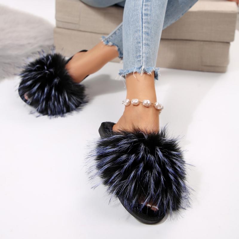 Fashion Brand Design Mix Color Furry Slippers Women Fluffy Fur Comfort Soft Sole Indoor Slippers Warm Faux Fur Woman Shoes 2025 Winter