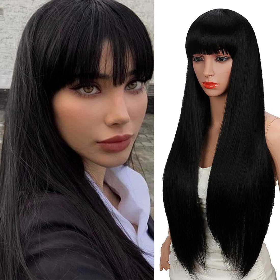 Women’s Black Long Straight Synthetic Wig with Bangs Heat Resistant Breathable Full Head Hairpiece for Daily Party Casual Wear 28inch