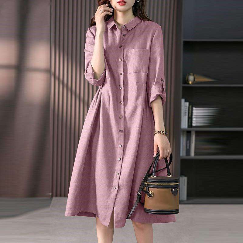 2023 Spring/Summer Women's Loose Cotton Linen Seven-Sleeve Mid-Length Shirt Dress