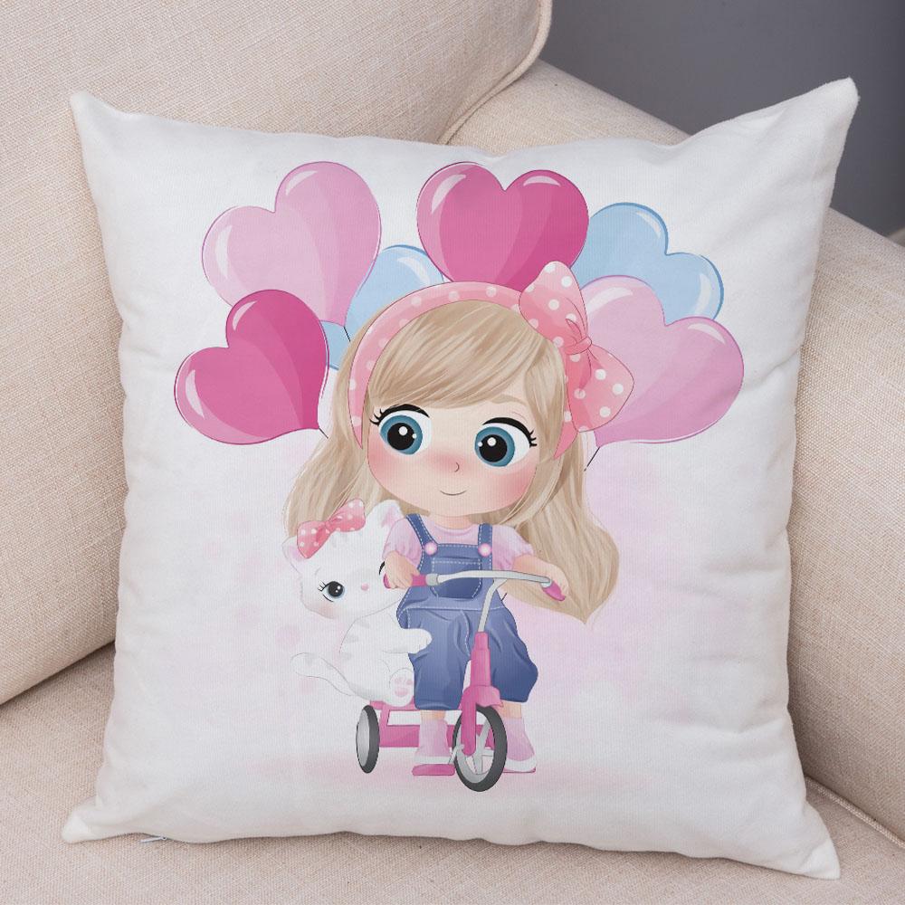 Lovely Girl and Cat Pillowcase Decor Cute Cartoon Child Cushion Cover Pillow Case for Children Room Sofa Home Car 45x45cm