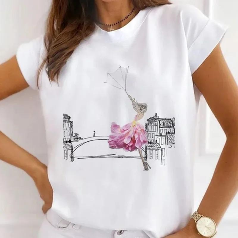 

Short Sleeve Butterfly Bow Sweet Flower Fashion Summer Women Print T Shirt Female Casual Top Tshirts Cartoon Graphic Tee TShirt S