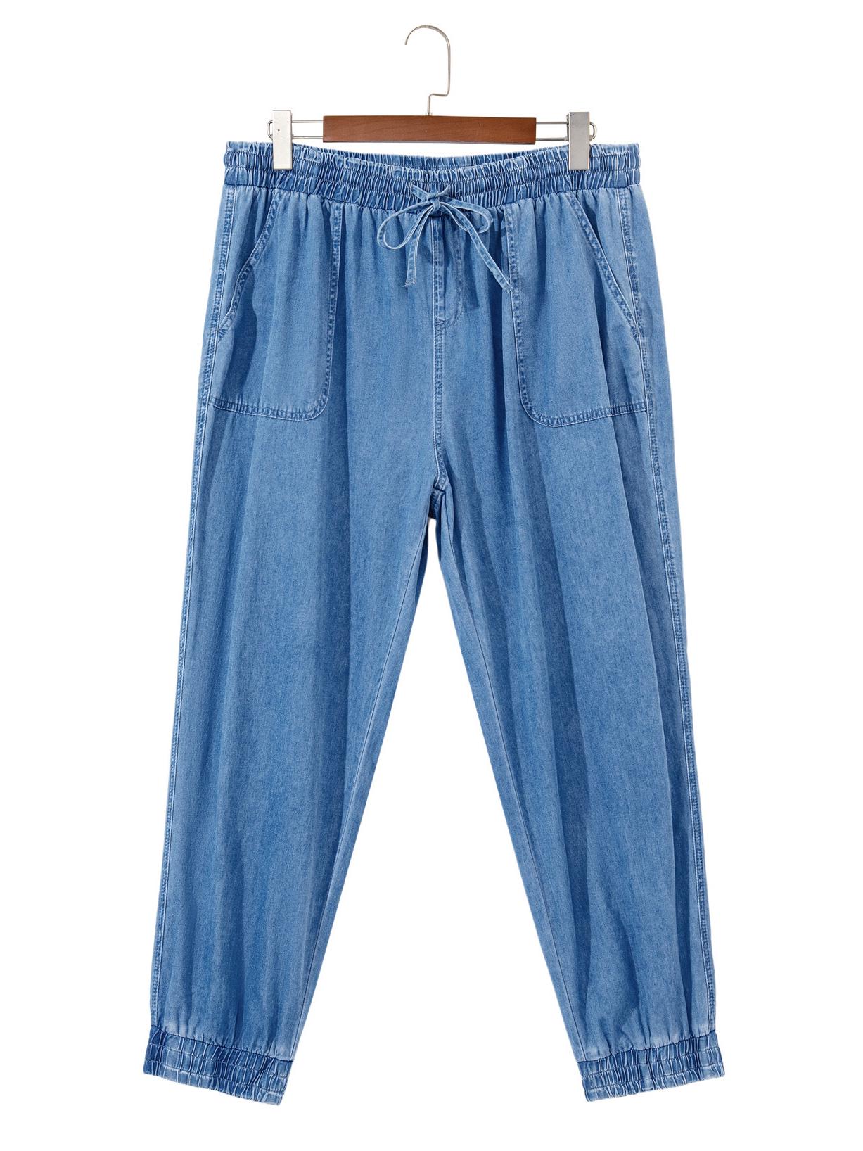 

Shiying Джинсовые брюки больших размеров с повседневной шнуровкой и эластичной талией для женщин - Европейский и американский осенний стиль 3XL синий