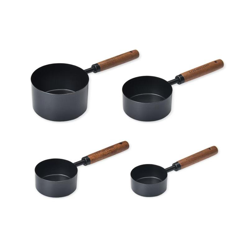 Gold & Black Stainless Steel Measuring Cups and Spoons with Wooden Handles and Scale - Multifunctional Baking & Coffee Spoon Set