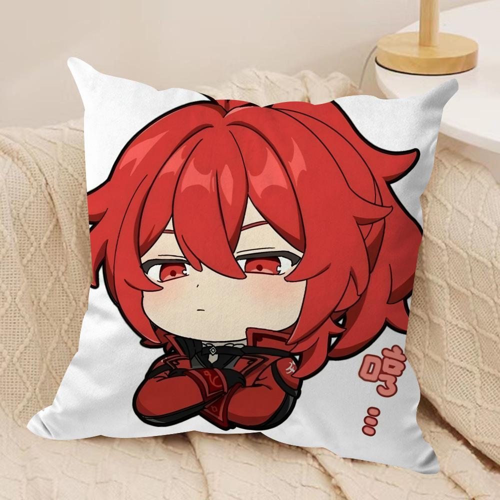 Diluc Cute Cute Genshin Impact Cushion Cover Silky Short Plush Invisible Zipper Dustproof Sofa Pillow Case For Home Decor