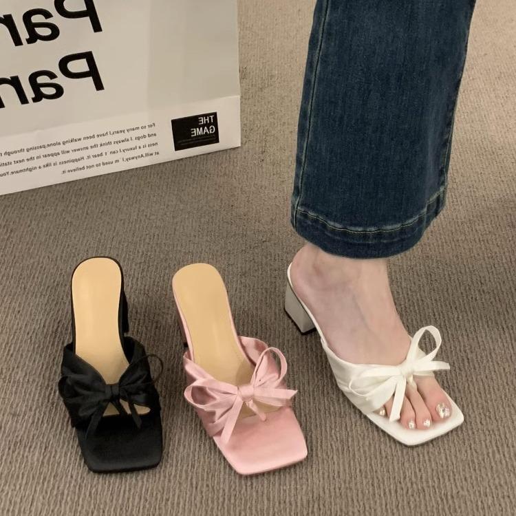 French high-end satin bow thick heel cool slippers women's wear 2025 new summer open-toed high heels