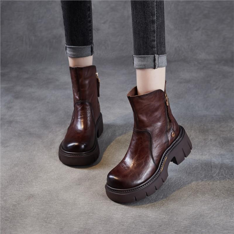Johnature Retro Thick Soled Side Zipper Women's Short Boots Genuine Leather Knight Boots
