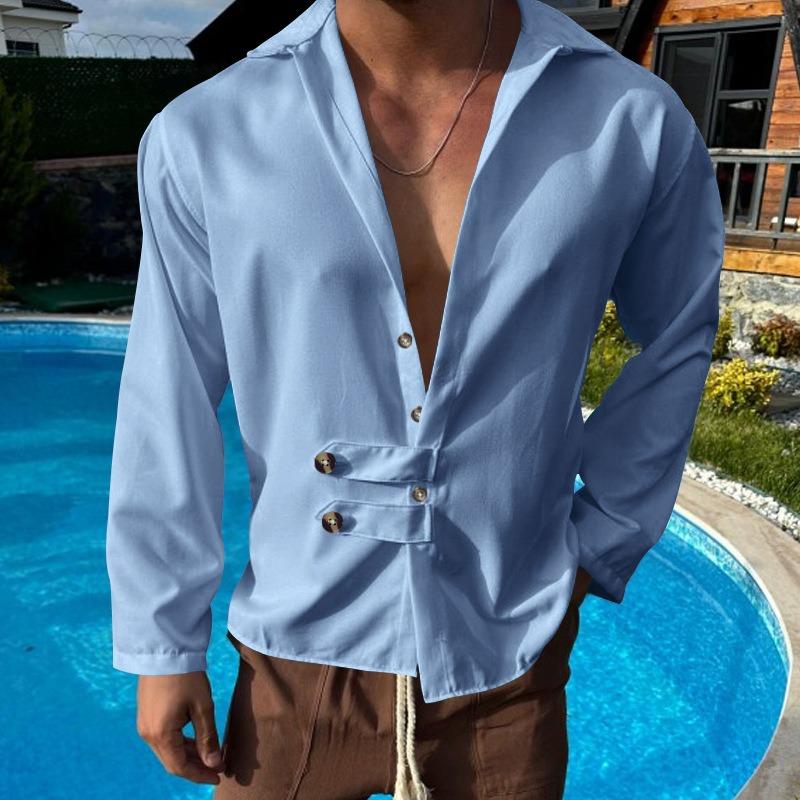 Mens Solid Color Casual Lapel Long Sleeve Shirt