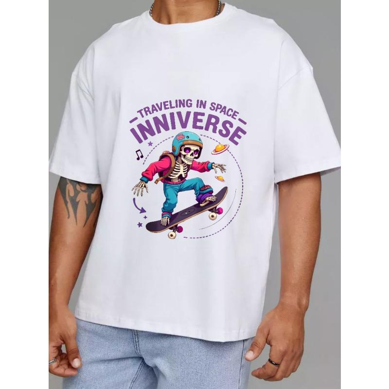 Bílé tričko s kulatým výstřihem s potiskem bílé kostry na skateboardu ve vesmíru s hudbou a planetami, cestování vesmírem, text Inniverse, ležérní oblečení pro muže a ženy