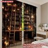 Set Of 2 Vintage Home Library Scene Curtains Floor Ceiling Bookshelf Ladder Decor Single Layer Realistic Interior View Curtain Made Polyester