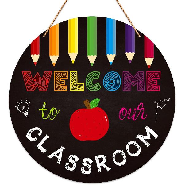 Personalized Welcome Sign for Classroom Door Decorations - Welcome to Our Class Teacher Name Sign Classroom Door Hanging Sign Back to School Teacher Pencil