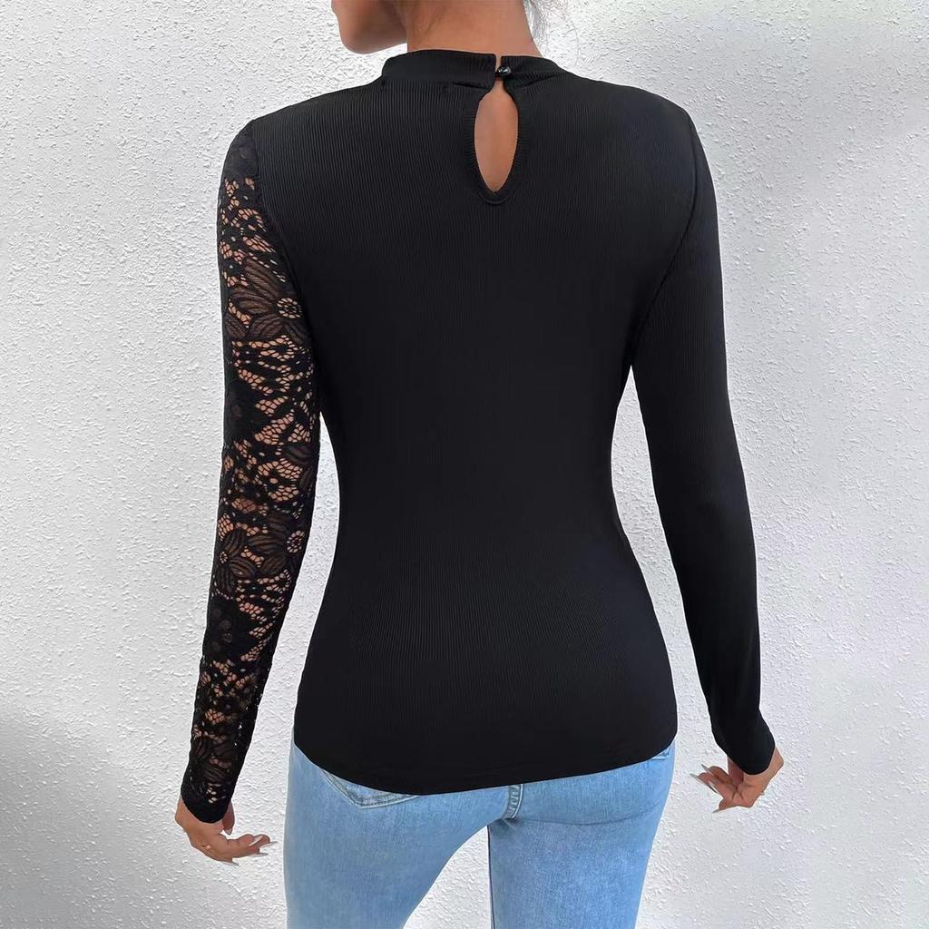 Women's Long Sleeve Top Turtleneck Sexy Streetwear Lace Patchwork Slim Fit T Shirt