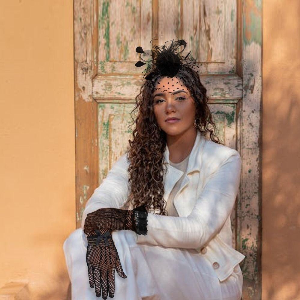 Black Fascinators Hat  Pillbox Hat Wedding Lace Gloves  Women