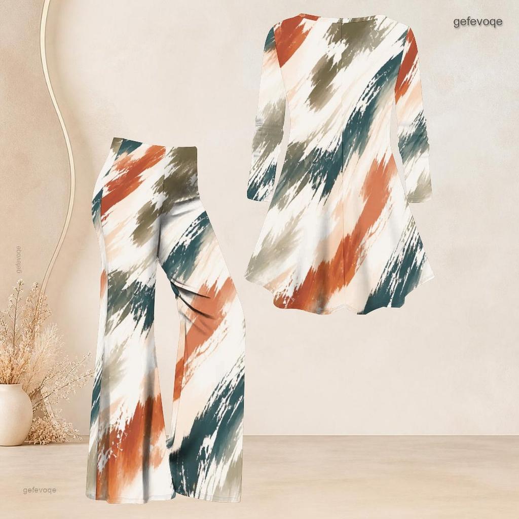 Women Plus Size V Neck Three Quarter Sleeve Printed Blue Flared Top And Flared Pants Two Piece Set