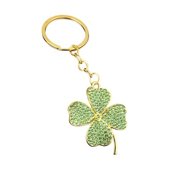 

Keychain Pendant Sparkling Rhinestones Inlaid Four-Leaf Clover Design Zinc Alloy Key Chain Electroplated Metal Ring Key Holder Backpack Accessory B зелений