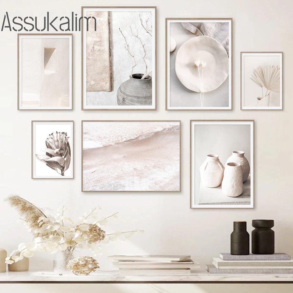Beige Canvas Painting Vase Flowers Art Prints Dried Grass Print Pictures Reed Cup Wall Pictures Nordic Wall Poster Home Decor