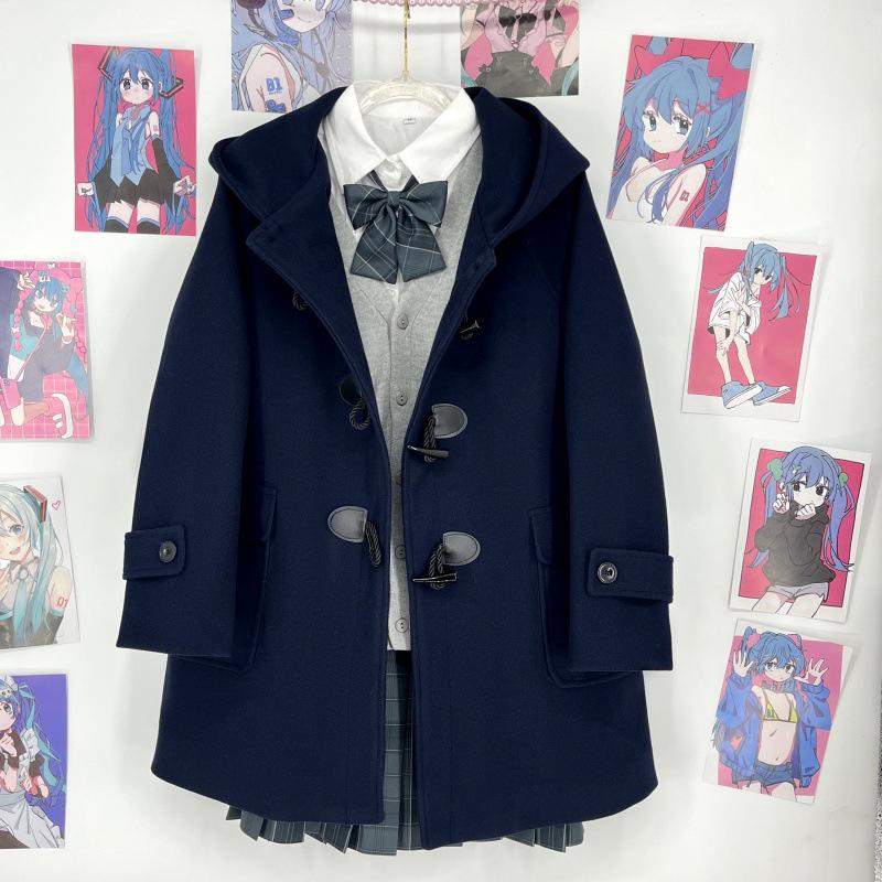 Navy Blue Hooded Woolen Coat: Women's Autumn/Winter College Style with Thick Cotton Padding and Toggle Closure.