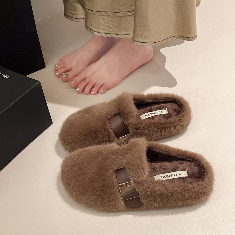 Mao Mao slippers women's wear 2025 autumn and winter new Doudou shoes one pedal Mao Mao lazy cotton shoes flat half slippers