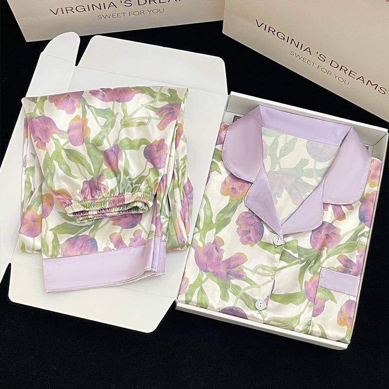 

Женская пижама Purple Tulip Ice Silk - летний комплект из двух предметов с длинными рукавами для дома или повседневной носки XL (115-130 jin)