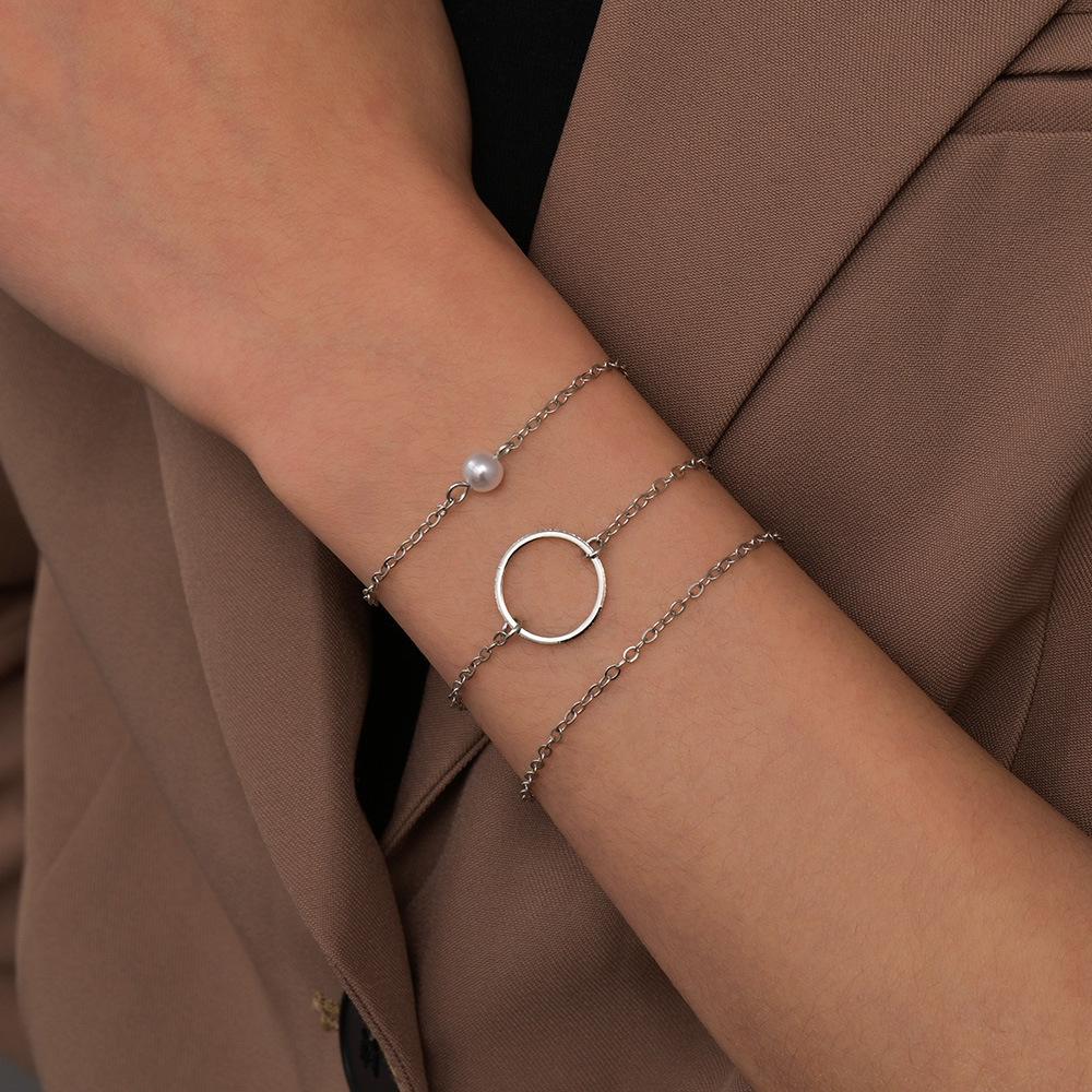 Персонализированный новый женский браслет геометрический круглый жемчужный многослойный металлический браслет набор из 3 штук серебряный
