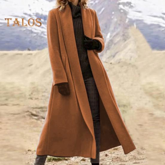 Women Winter Overcoat Open Stitch Turn-down Collar Long Sleeves Windbreaker Loose Cardigan Calf Length Outdoor Woolen Coat