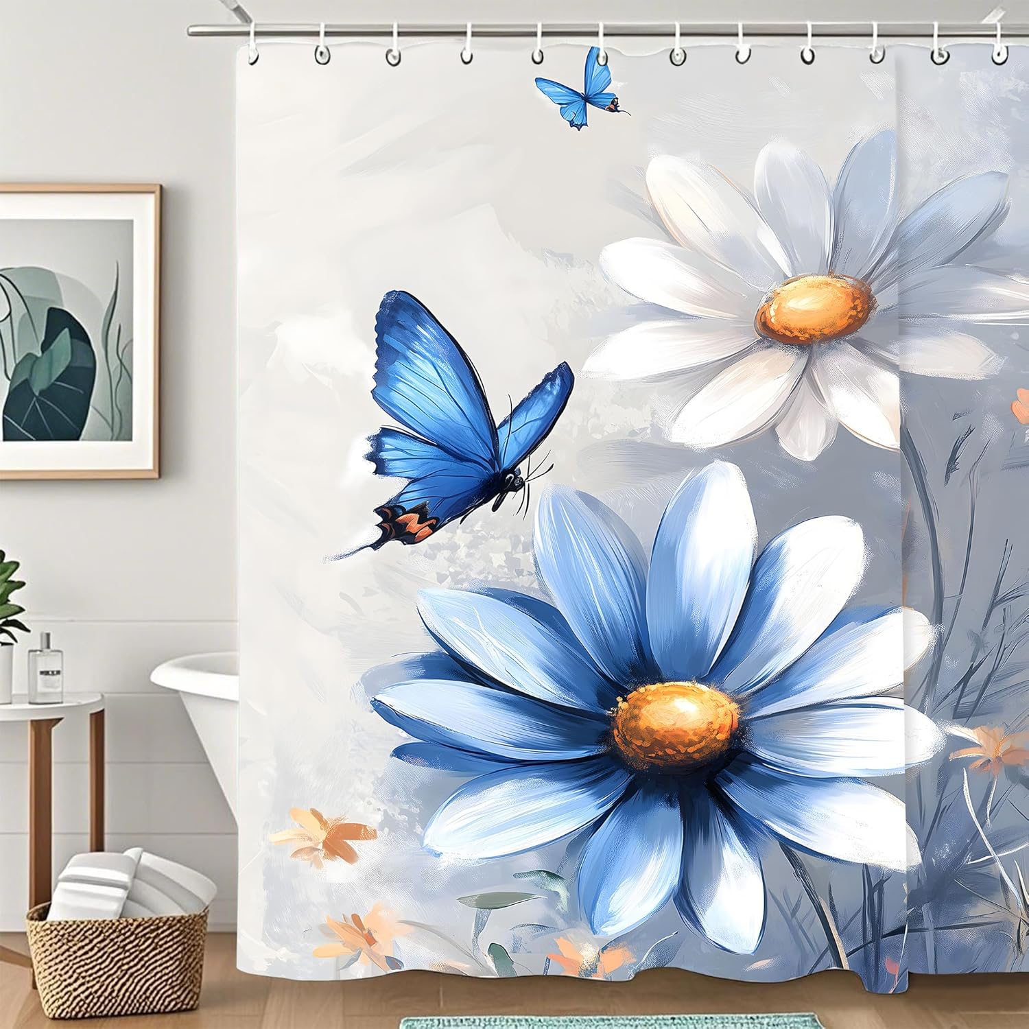 

Blue And White Daisy Floral Butterfly Shower Curtain,Bathroom Shower Curtains Bathtub Home Decor Waterproof Fabric Machine Washa W60H190(CM)-1 Pcs