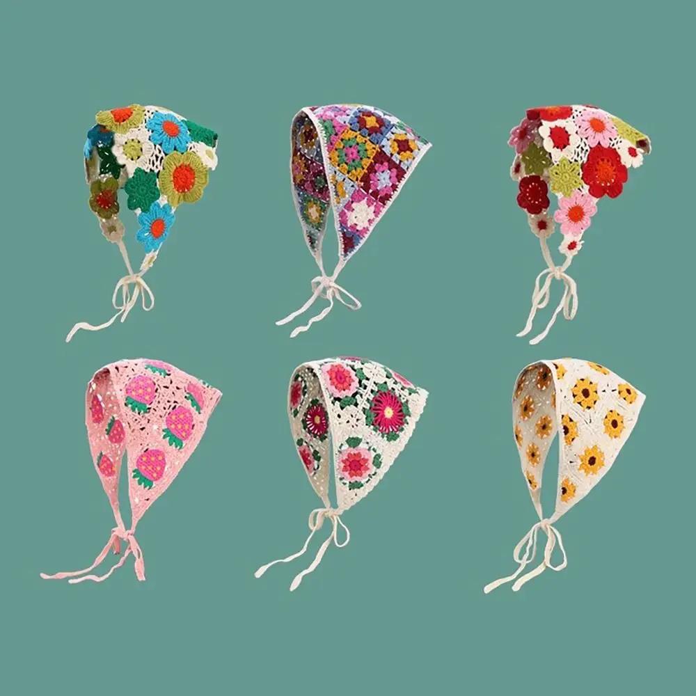 Gestricktes Dreieck-Stirnband im französischen Pastoralstil, kleines Blumen-Stirnband, Handtuch, handgefertigt, gehäkeltes Kopftuch, Mütze, Frühling/Sommer
