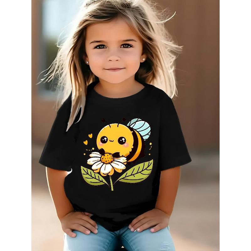 European Size Girls Round-neck Short-sleeved T-shirt with Cartoon Pattern of A Little Bee Collecting Nectar