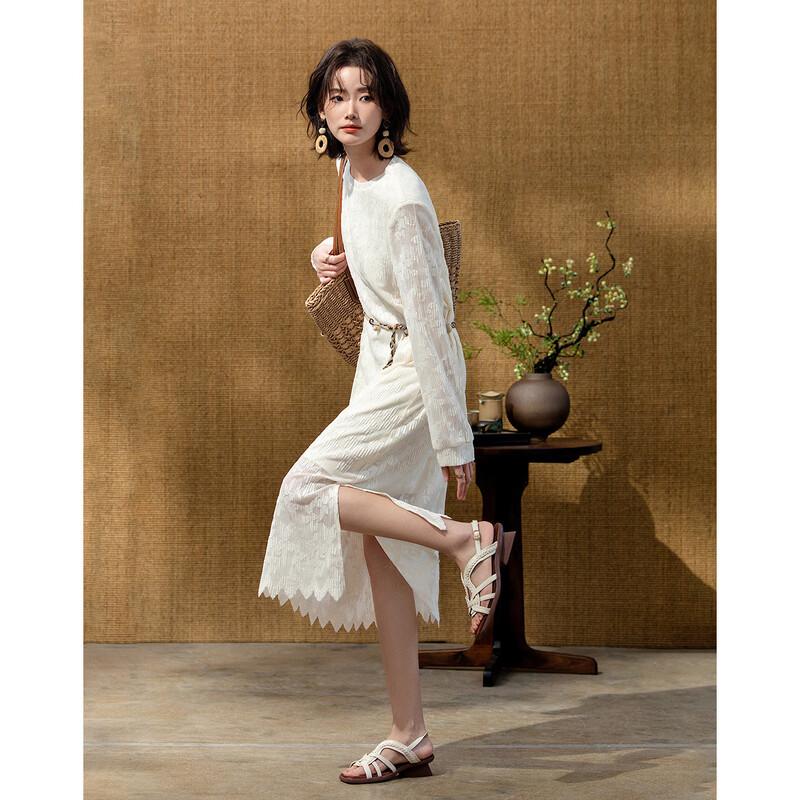 Demana French Style Lace Trim Round Neck Midi Dress S