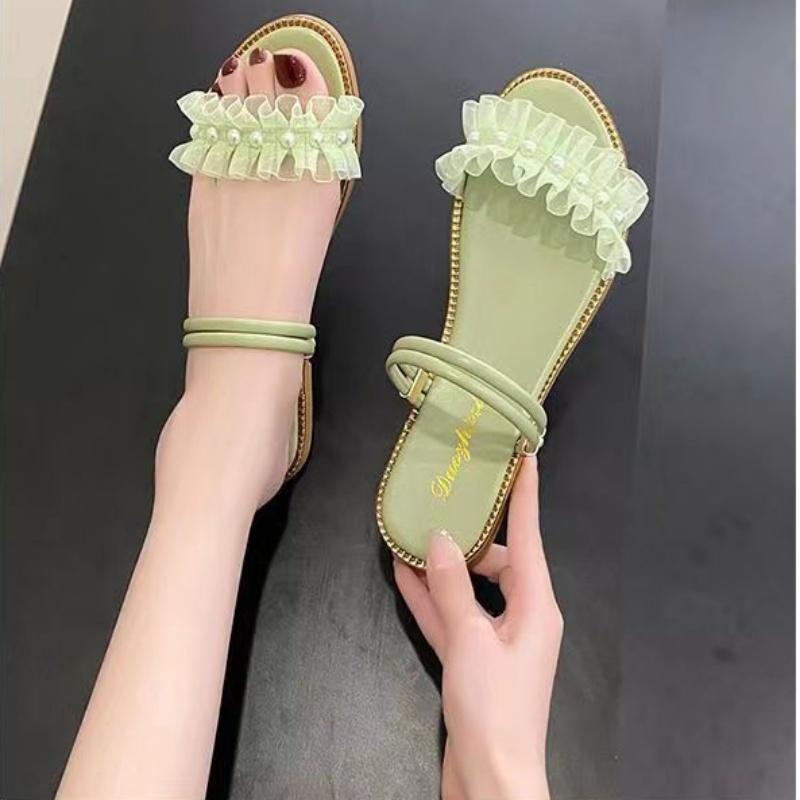 

New Summer Elegant Pearl Casual Thick-soled Slippers Fashionable and Comfortable Round Toe Outside Beach Sandals for Women 35 зелений