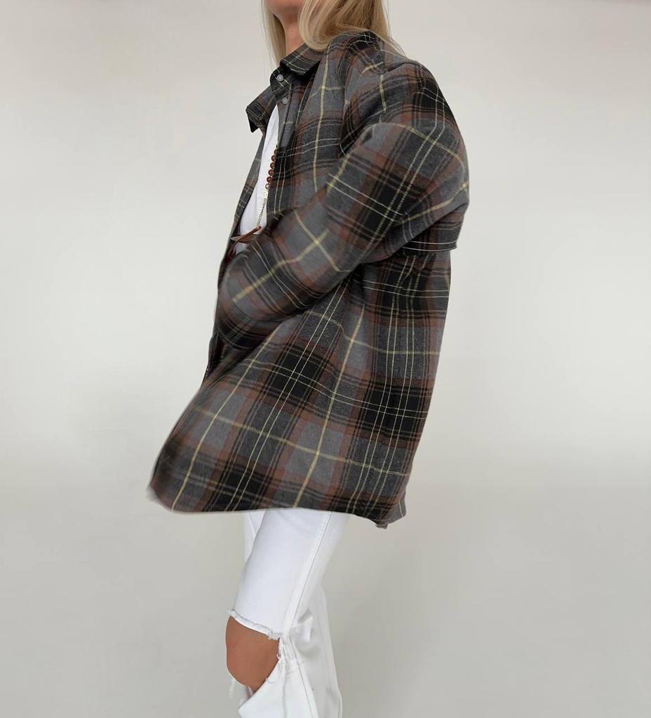 Vielseitige europäisch-amerikanische karierte Strickjacke mit Umlegekragen und langen Ärmeln für Frühling und Sommer