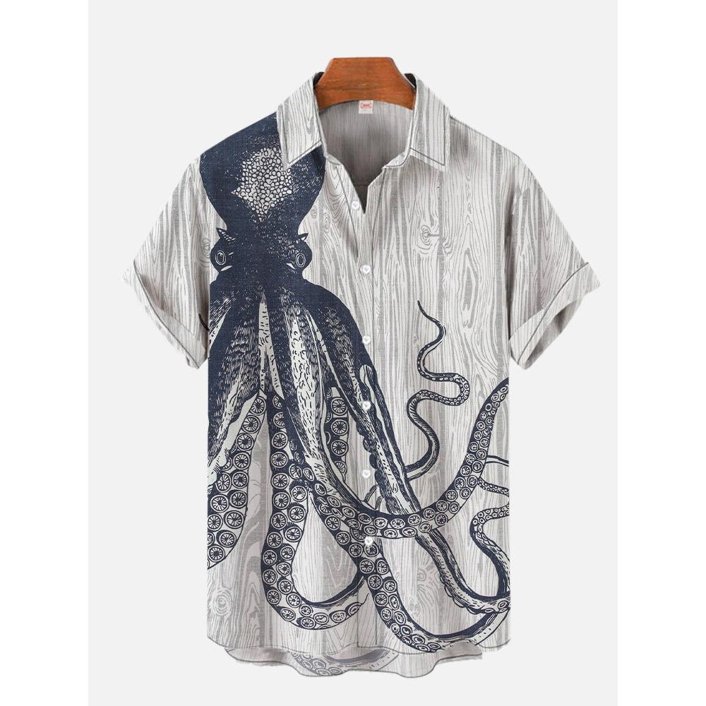 Octopus Print Men Hawaiian Shirt Summer Beach Short Sleeve S