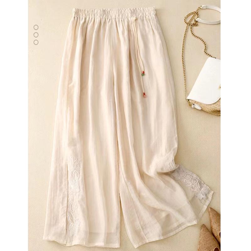 Retro Embroidered Tencel Wide-Leg Pants - Women’s High-Waist Summer Casual with Slit Tassel Details.