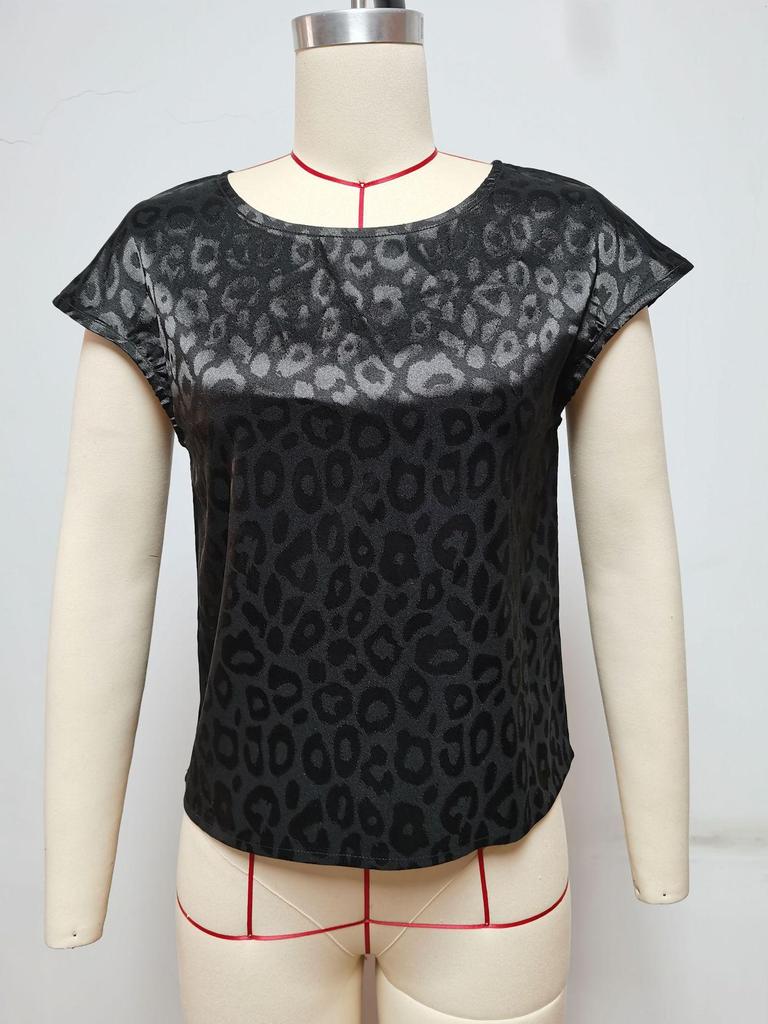 Leopard Print Jacquard Short Sleeve Women's Summer Top