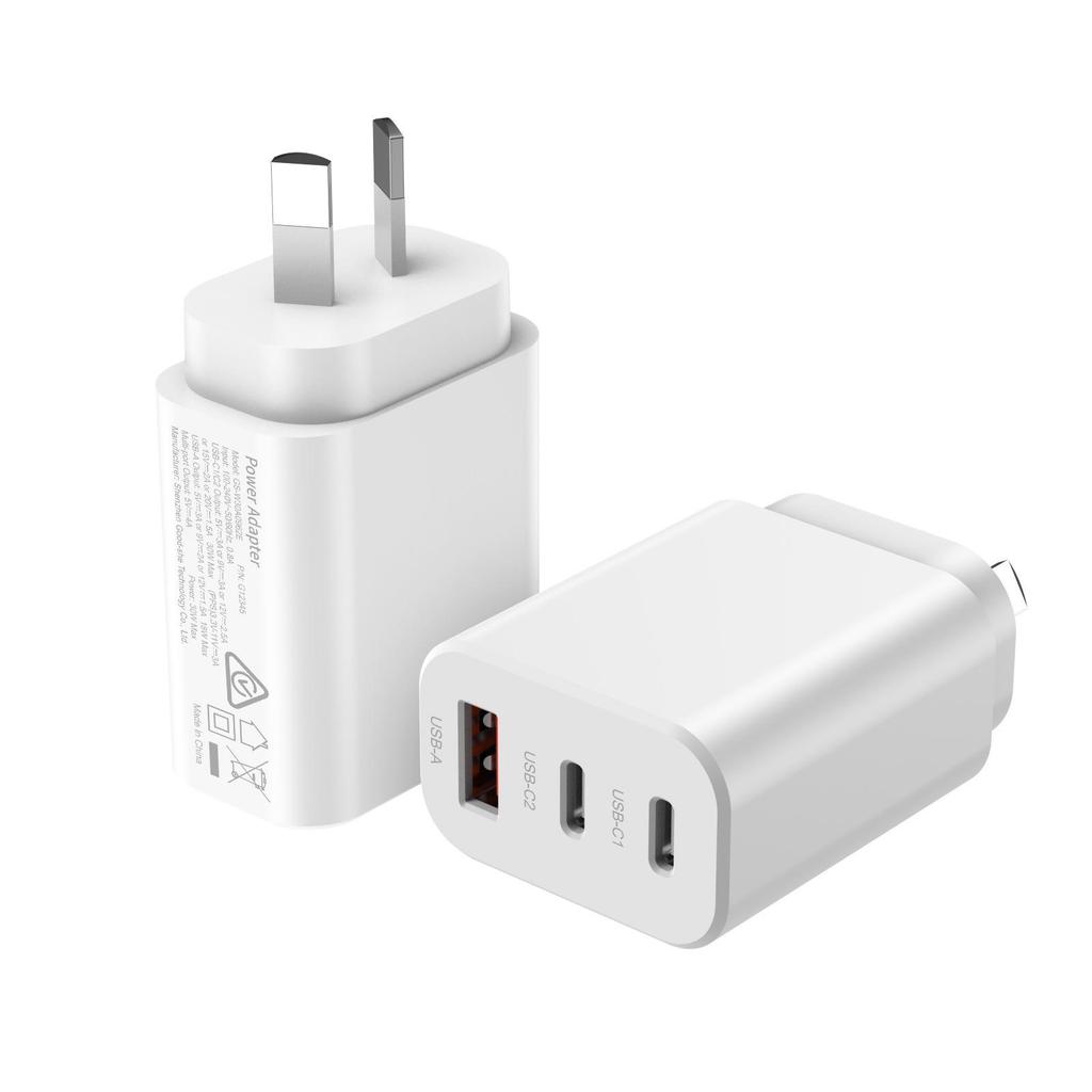 SAA-Certified 30W Charger: Dual Type-C + USB-A, QC3.0, AU Plug