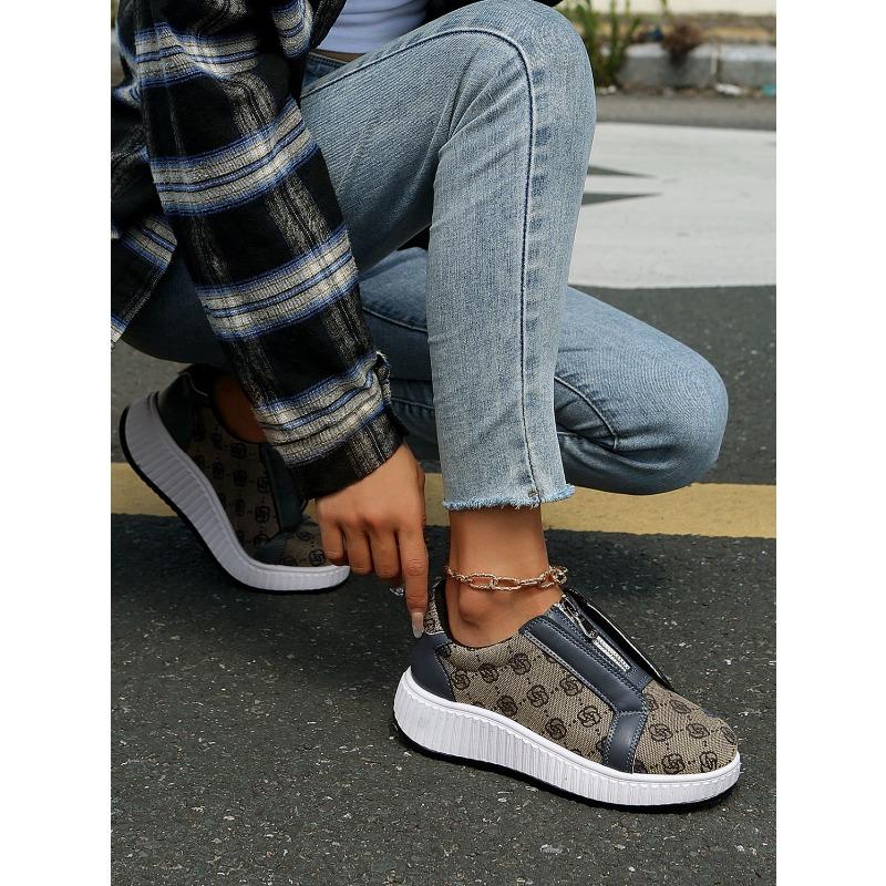 Women's Slip-On Flats, Front Zipper Canvas Casual Shoes, Plus Size Comfortable Loafers