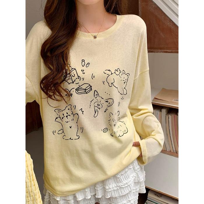 

2025 Футболка с длинным рукавом и круглым вырезом с принтом щенка в корейском стиле: Женский летний свободный солнцезащитный топ для похудения M жёлтый