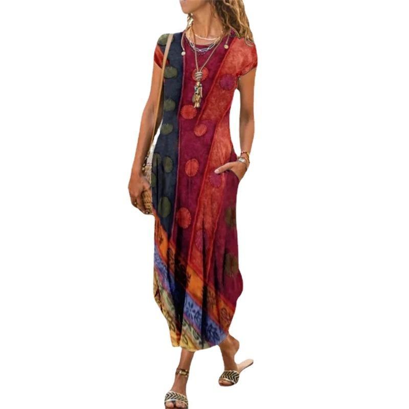 TIFICY Women s Fashion Summer Spring Flower Pattern Print Short Sleeve O-Neck Middle Waistline Casual Dresses S