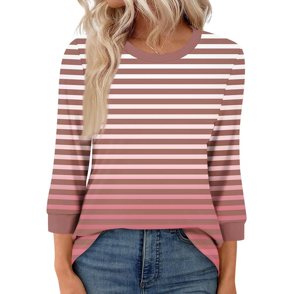 Women's Fashion Casual Seven Sleeve T-Shirt Print Round Neck Top