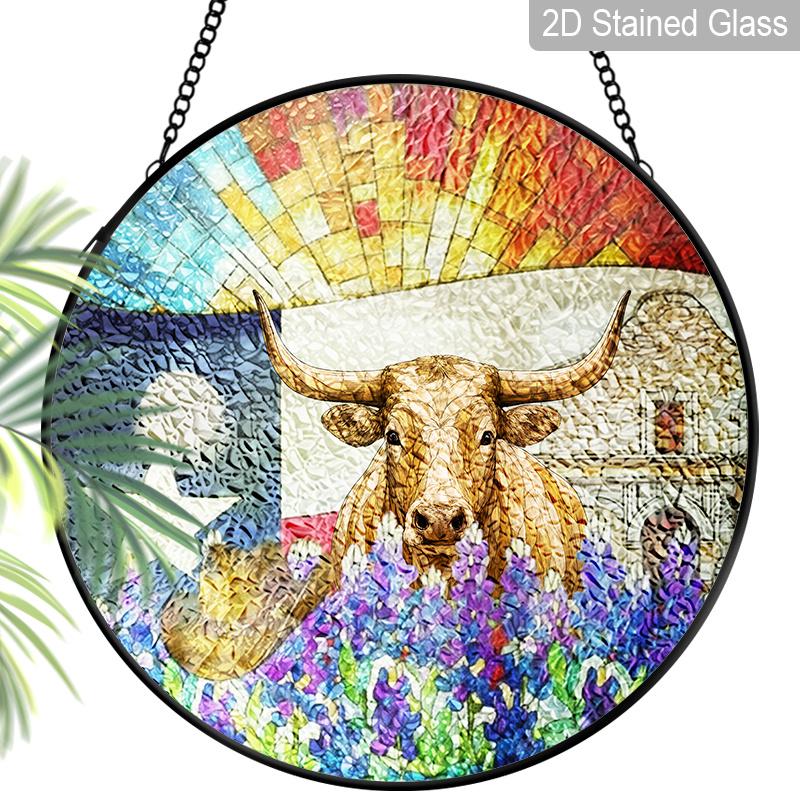 2D flacher Buntglas-Christgeschenk-Fensterdekoration, 6,3/7,87 Zoll Yak Religiöse farbige Glasplatte mit Kette, Charmante christliche Sonnenfänger