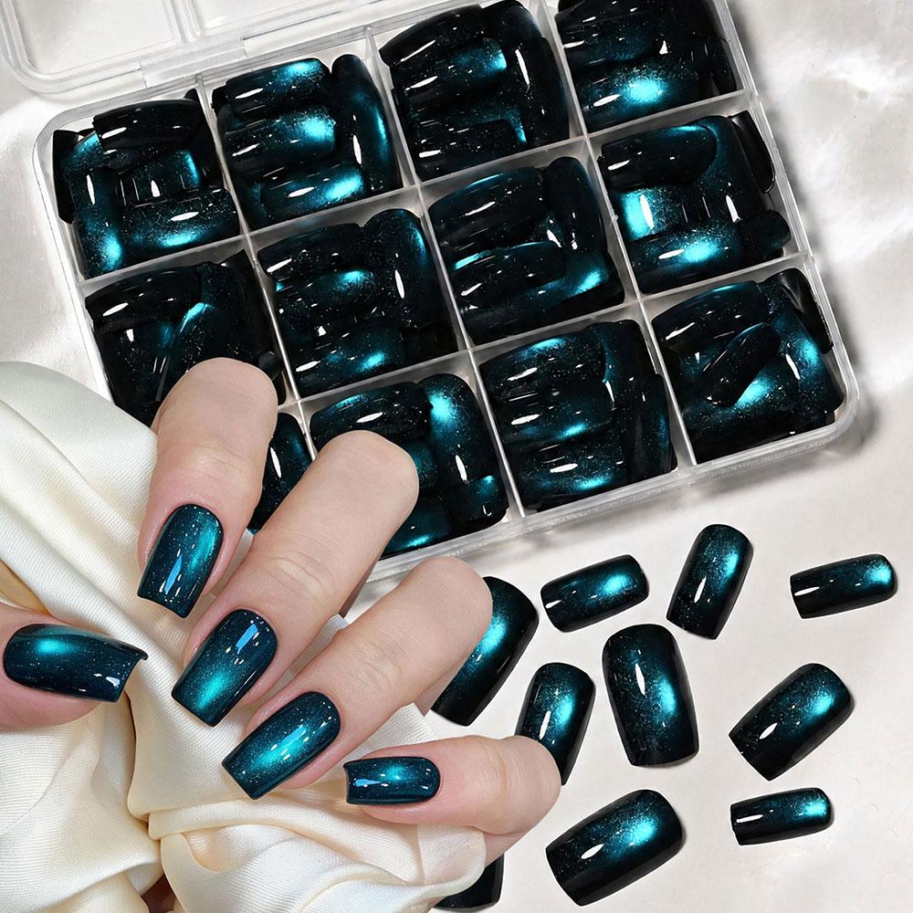 144pcs Peacock Green Cat Eye Press On Nails Glossy Medium Square Cat Eye False Nails Full Cover Acrylic Green Cat Eye Fake Nails