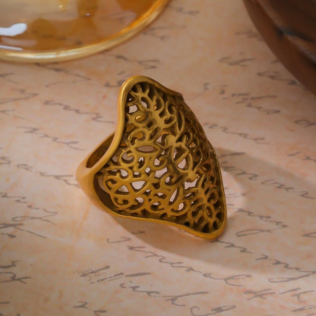 Vintage Gold Hollowed Out Patterned Electroplated Elegant Rings With Korean Style Simplicity Grandeur