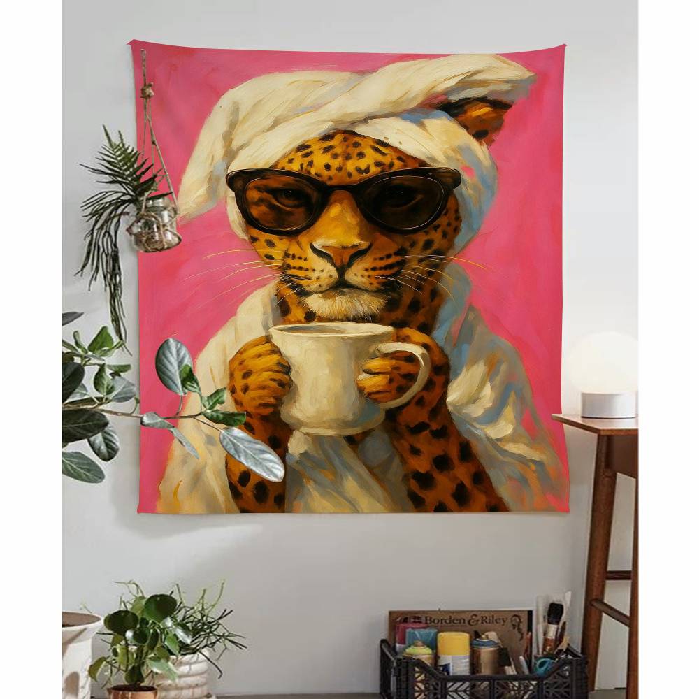 Charming Pink Animal with Glasses Anime Tapestry Hippie Flower Wall Carpets Dorm Decor Wall Hanging Home Decor