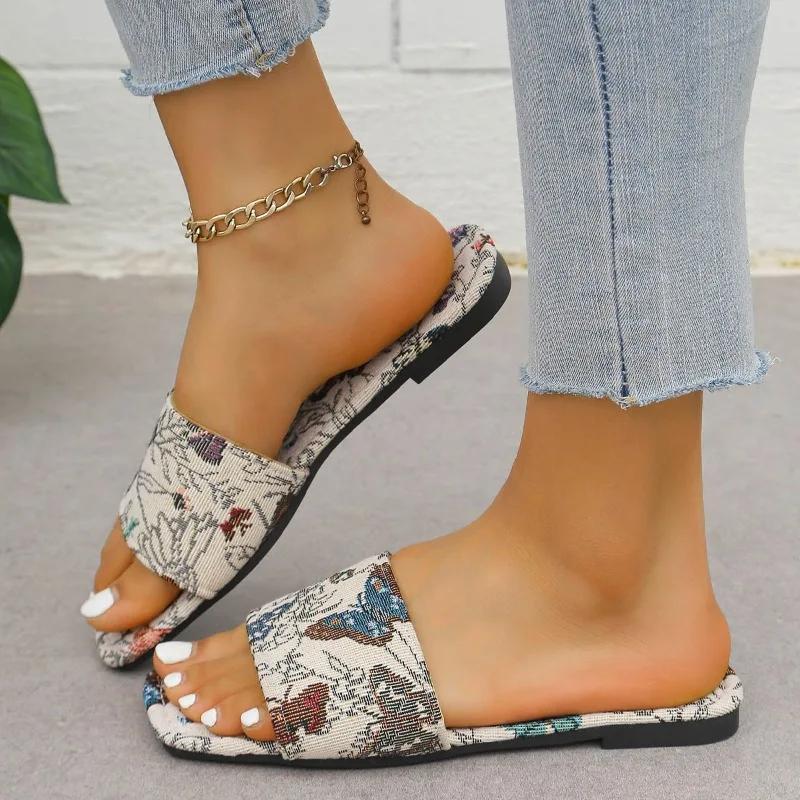 Fashion 2025 Summer New Women's Slippers Elegant Butterfly Embroidery Design Women's Slippers Casual Open Toe Non-slip Flat Flip Flops