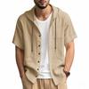 Men's Beige Linen Blend Hooded Drawstring Short Sleeve Button Up Pocket Casual Shirt