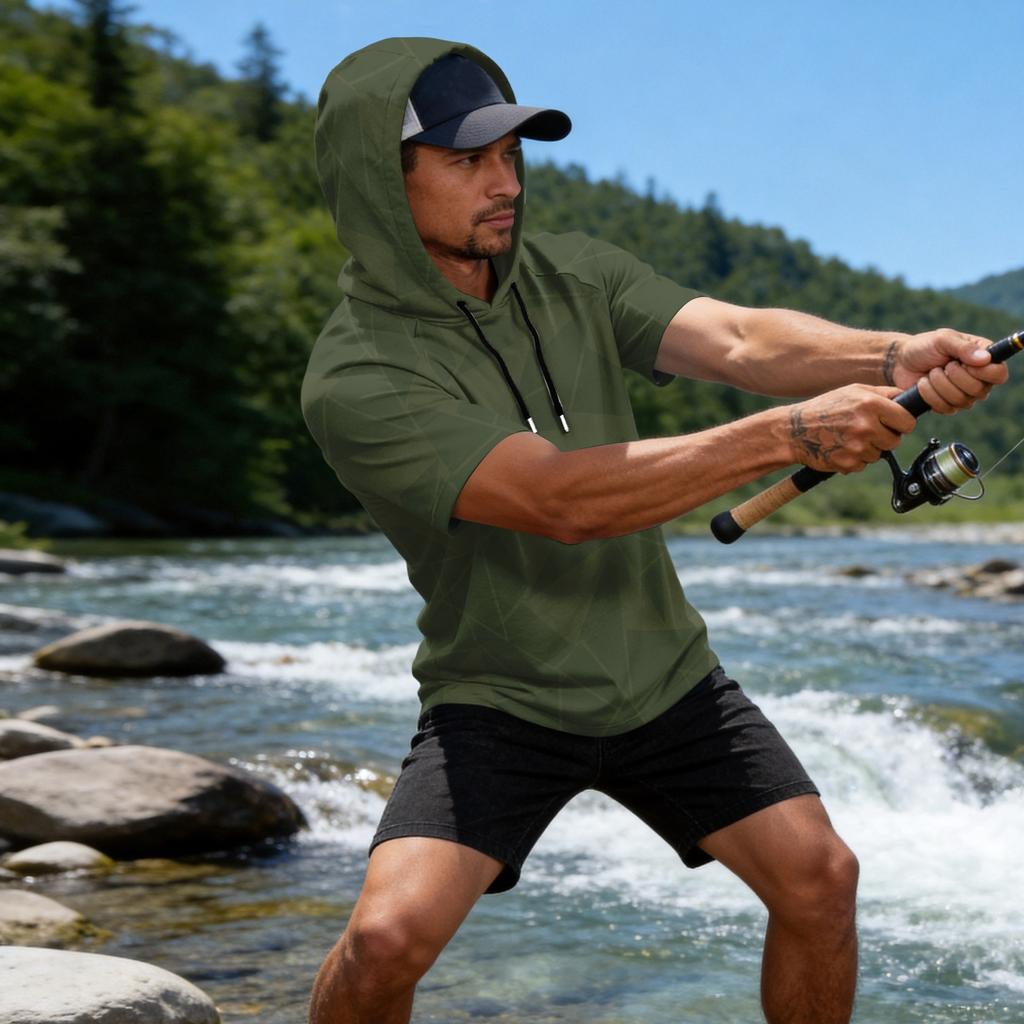 Men's Short Sleeve Hoodie UPF50+ Sun Protection Casual Sports Fishing Outdoor Lightweight Breathable Quick Dry Sweatshirt