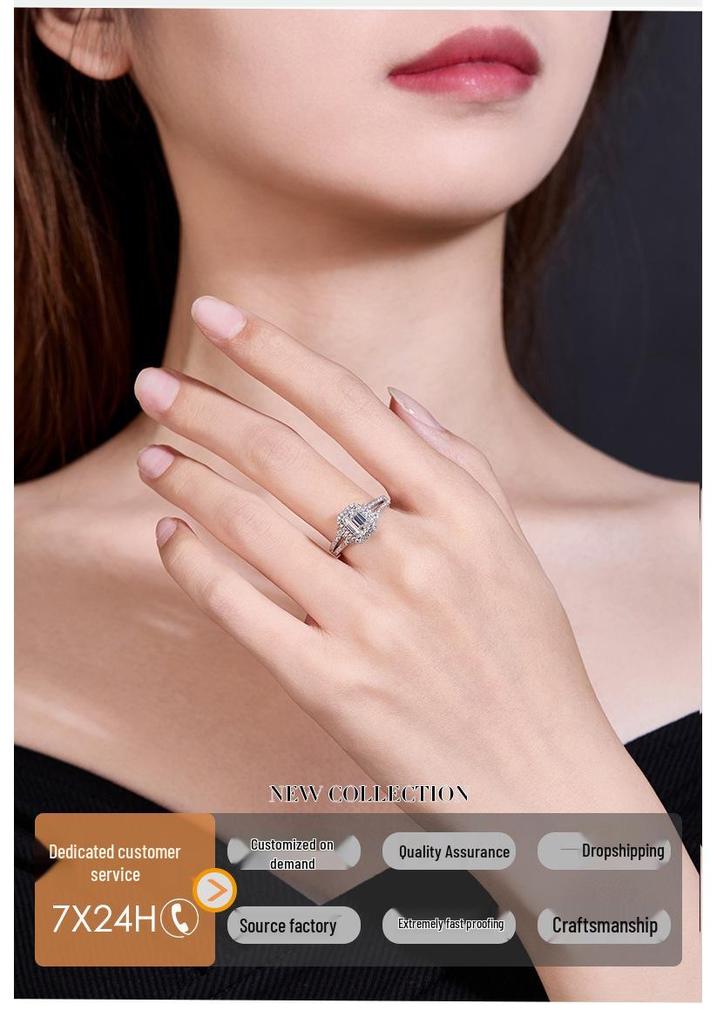 S925 Silver Classic Luxury Emerald Cut Moissanite Ring for Women