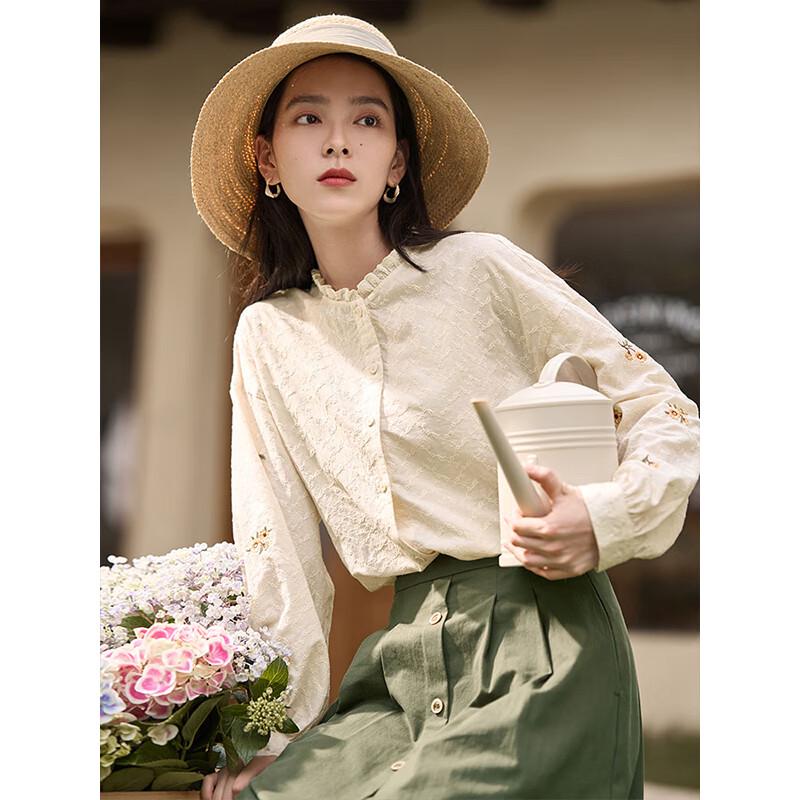 Bluză din Bumbac Brodată cu Guler Înalt Inman